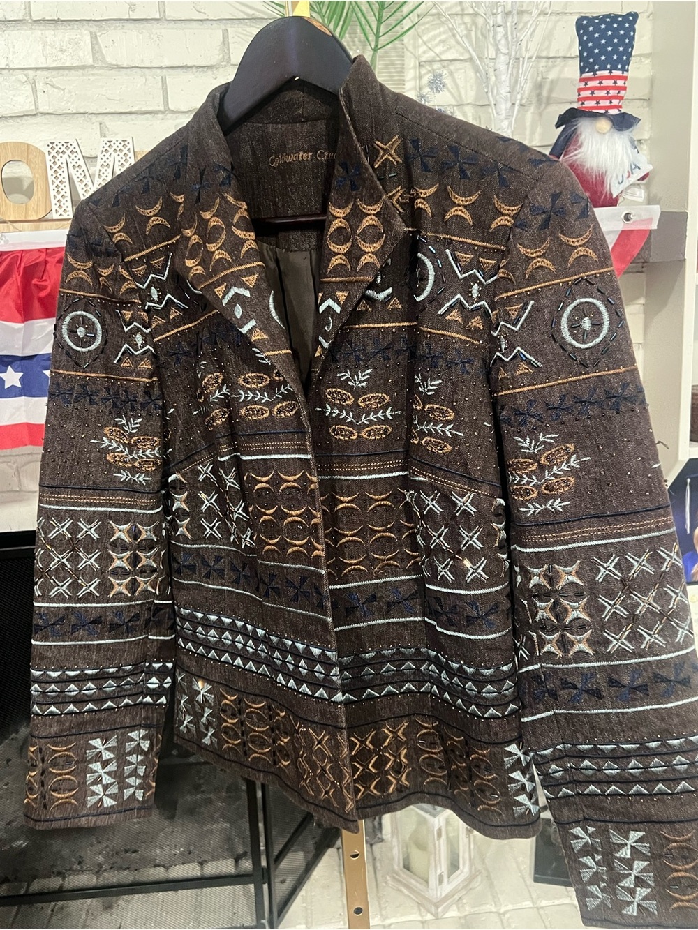 Coldwater Creek Brown Jacket with Gold & Blue Embroidery